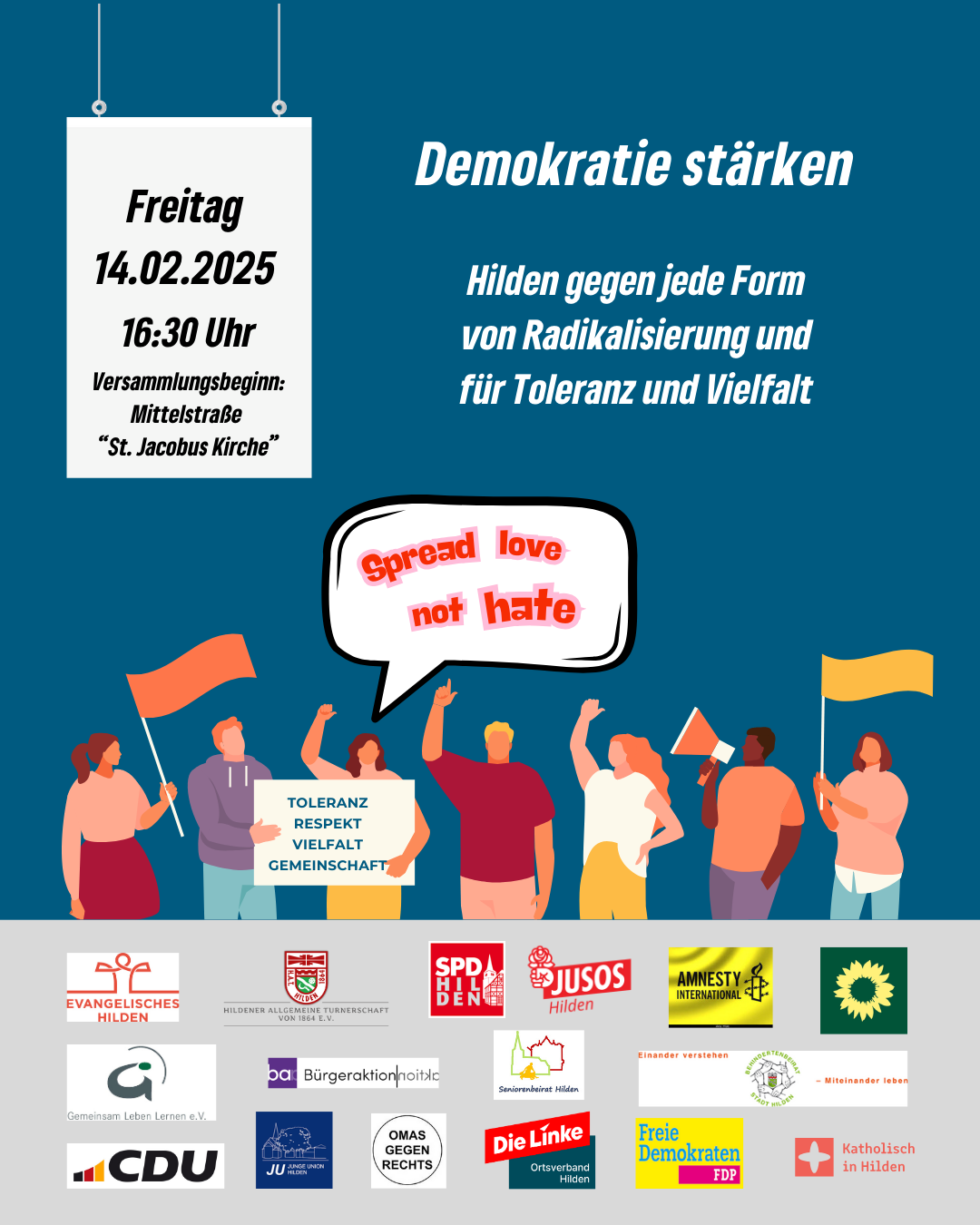 Du betrachtest gerade Aufruf zur Demonstration Demokratie stärken – Hilden gegen Radikalismus – für Toleranz und Vielfalt