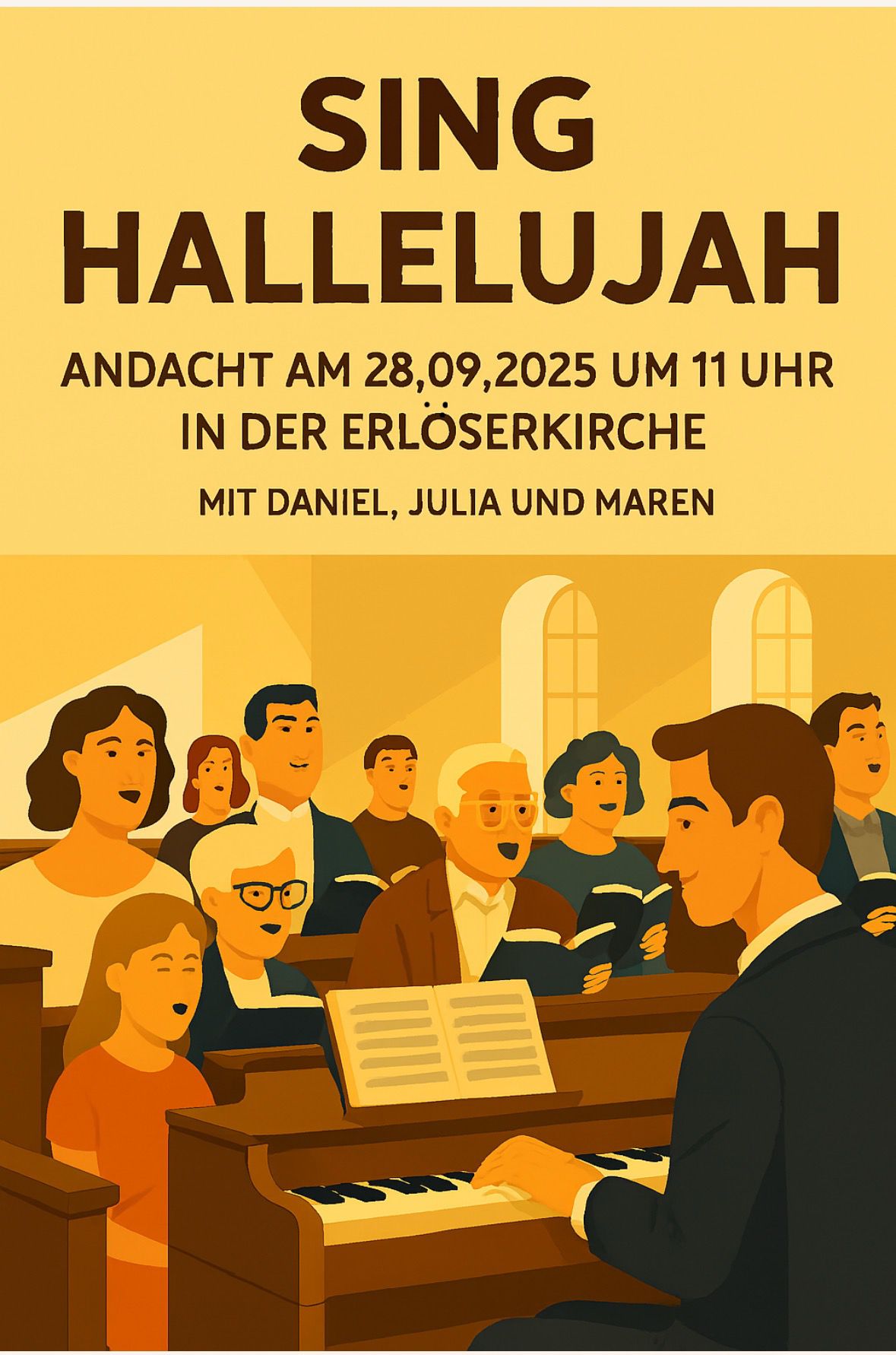Du betrachtest gerade Sing Halleluja to the Lord! Musikalische Andacht am 28.9.25 um 11 Uhr in der Erlöserkirche